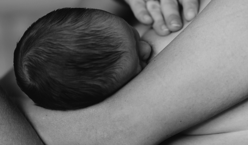 Bebé recién nacido amamantando al pecho, acurrucado sobre el cuerpo de la madre en una imagen en blanco y negro.