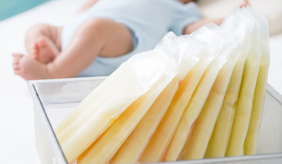 Banco de leche materna en bolsas de almacenamiento organizadas para lactancia diferida